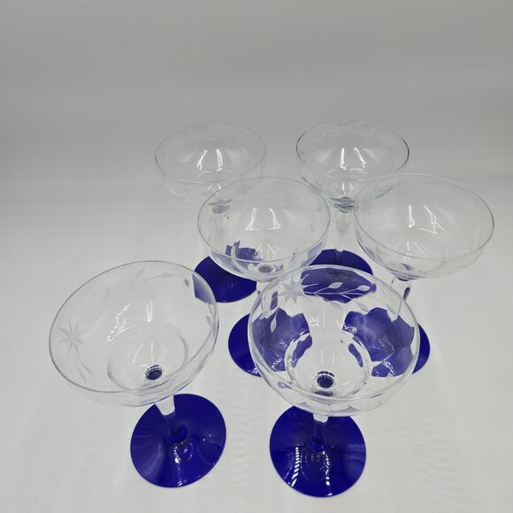 Vintage 1930s Weston Cut Glass Liquor Cocktail Goblets With  Vtg 1930s Weston Cut Glass Liquior Cocktail Goblets W Cobalt Blue Foot Set Of 6